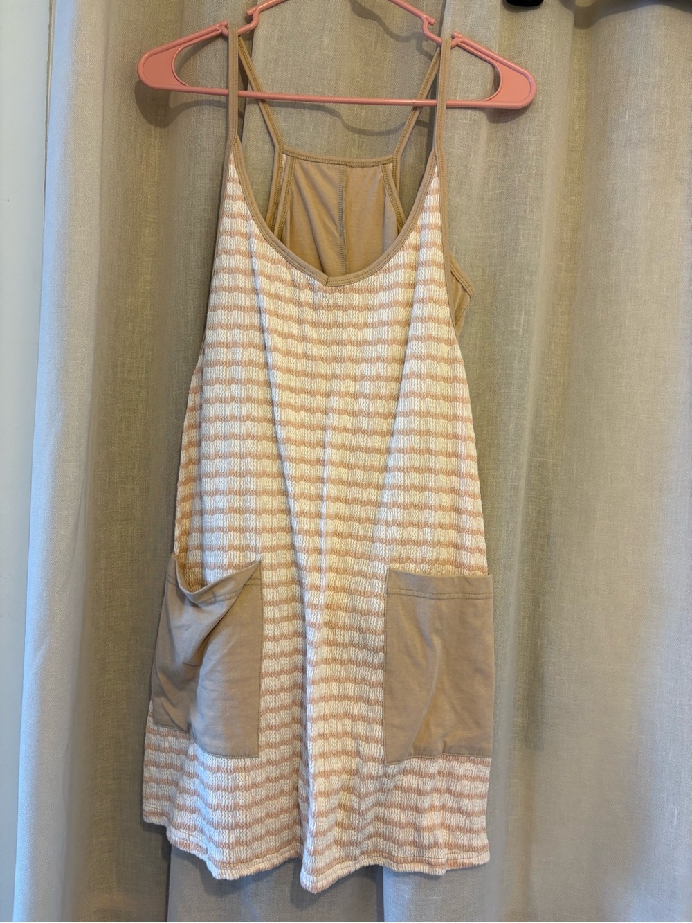 Beige & White Striped Sleeveless Pocket Romper Dress
